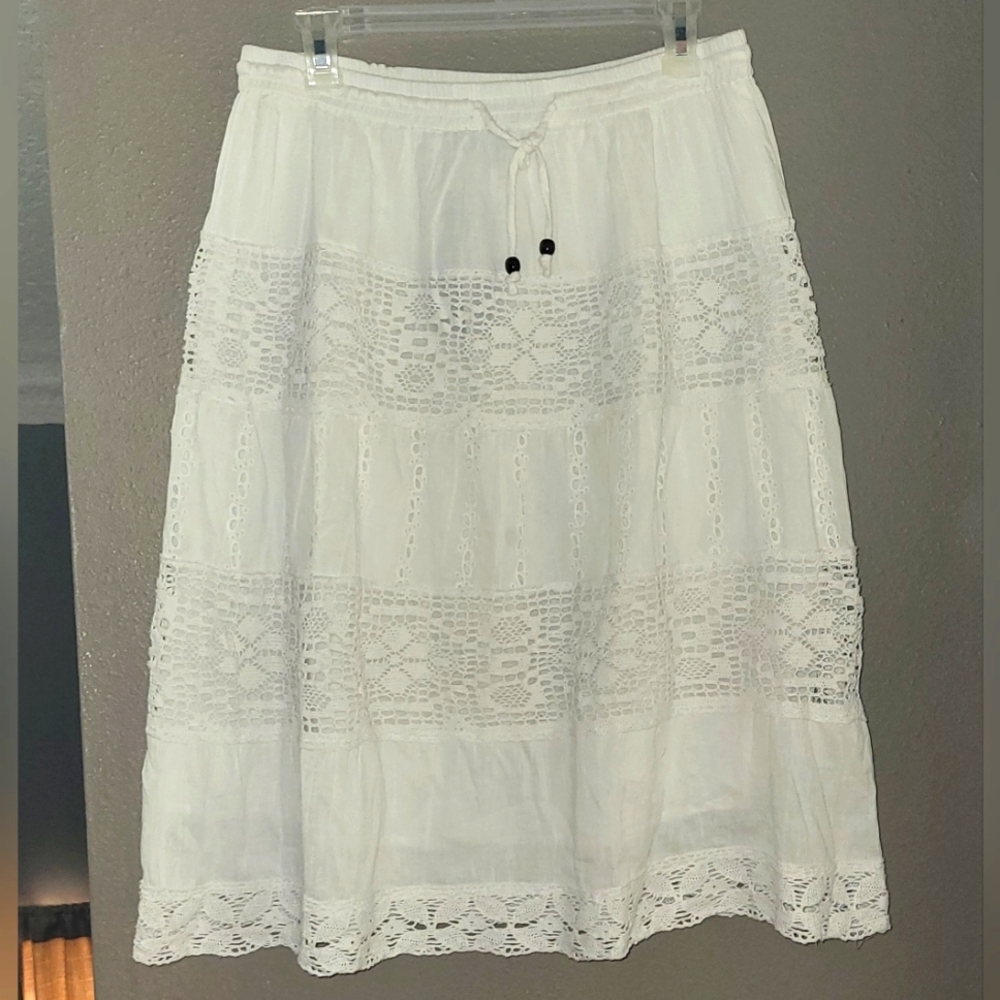 White Cotton Crochet Midi Skirt